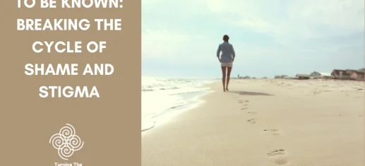 To Be Known: Breaking the Cycle of Shame and Stigma — event graphic by Turning The Page, showing a person walking alone along a beach shoreline
