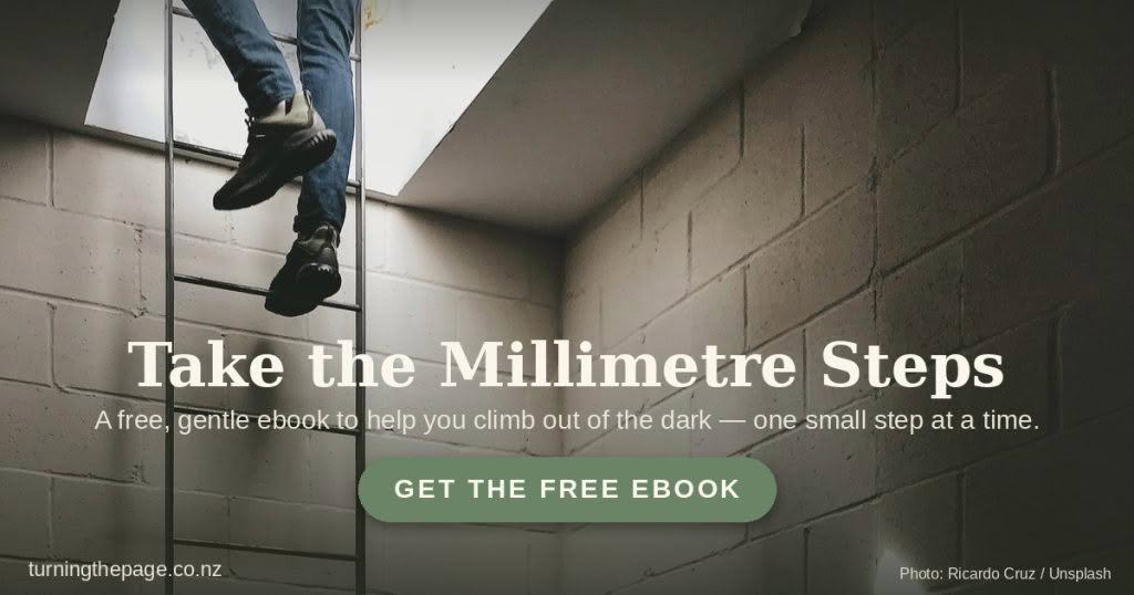 "Person climbing a ladder out of a dark basement toward light, with text 'Take the Millimetre Steps' and a button to get a free ebook about recovery."