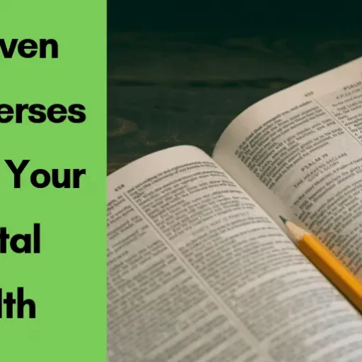 Blog post header image titled "14 Proven Bible Verses to Help Your Mental Health." The left side features bold black text on a vibrant green background. The right side shows a close-up photograph of an open Bible with a yellow pencil resting across the pages, highlighting Psalm 19 and Psalm 20.