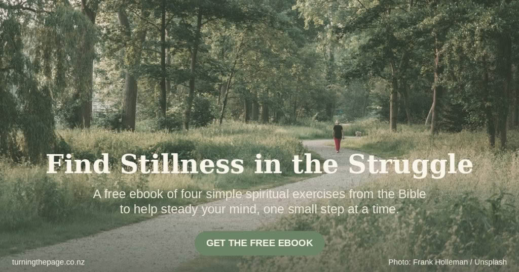 A person walks a quiet forest path with a dog, banner promoting a free ebook 'Find Stillness in the Struggle' — four spiritual exercises from the Bible, with a Get the Free Ebook button