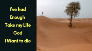 "A blog header image with a split layout. On the left, a dark panel contains yellow text that reads: 'I’ve had Enough, Take my Life God, I Want to die.' On the right, a wide-angle photo shows a vast desert under a grey sky with a lone, small figure standing on a sand dune and a single, windswept tree in the foreground."