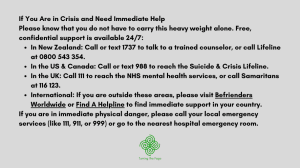 Crisis helpline numbers card. New Zealand: Call/text 1737 or Lifeline 0800 543 354. US & Canada: Call/text 988. UK: Call 111 or Samaritans 116 123. International: Befrienders Worldwide or Find A Helpline.