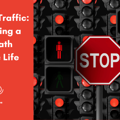 A blog post header image split into two sections. On the left, a solid red background features the title "Stop the Traffic: Embracing a Sabbath Centric Life" in bold white text, with the "Turning The Page" spiral logo below it. The right side features a repeating background pattern of black traffic lights showing red signals, dominated by a large, prominent red octagonal "STOP" sign in the foreground.