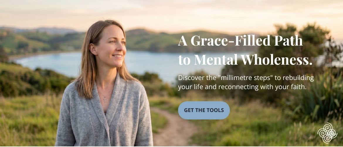 "A smiling woman in a grey cardigan looking over a coastal landscape, with text about a grace-filled path to mental wholeness."