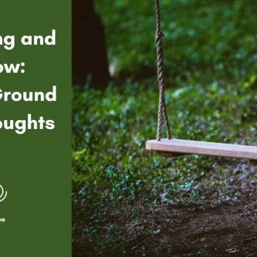 A simple wooden rope swing hanging in a shaded garden with text 'The Swing and the Now: How to Ground Your Thoughts.'
