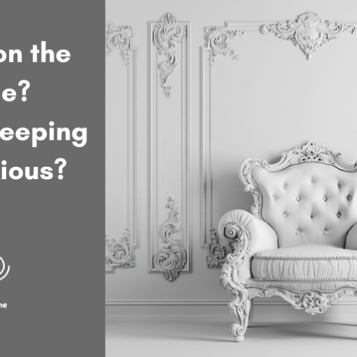 "An ornate white classical chair against a white paneled wall, with text asking 'What’s on the Throne? What is Keeping you Anxious?'"