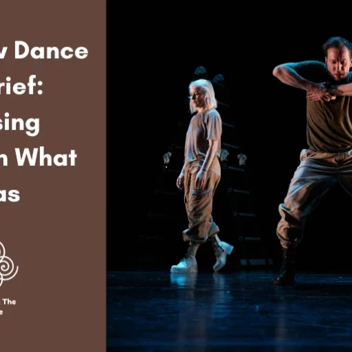 Blog header image for "Turning The Page" titled "The Slow Dance of Grief: Passing Through What Was." The left side features white text and a spiral logo on a brown background. The right side shows two contemporary dancers performing under spotlight on a dark stage, conveying a somber, emotional mood.