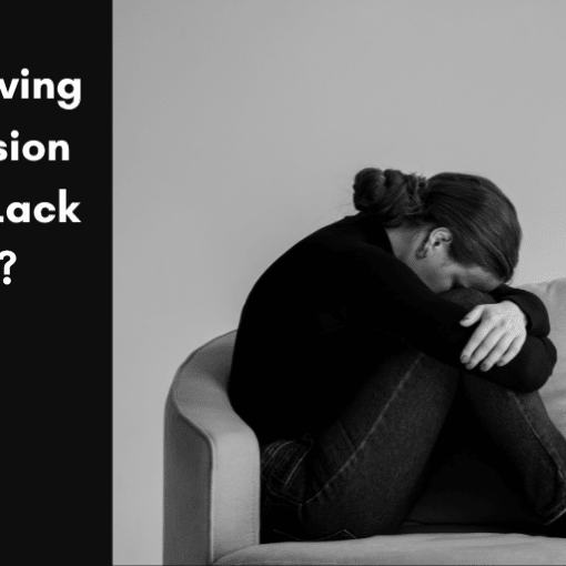 A split-screen blog post header for "Turning The Page." The left third has a solid black background with white text that reads, "Does Having Depression Mean I Lack Faith?" above a white spiral logo. The right two-thirds features a black and white photograph of a woman curled up in a large armchair, burying her face in her arms in a moment of distress or deep sadness.