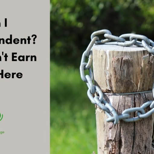 An image split into two halves. On the left, a light gray background features the text "Am I Codependent? You Can't Earn Love Here" in black, above a green spiral Celtic-style logo and the text "Turning The Page". On the right, a close-up shows a weathered wooden fence post tightly wrapped with a thick metal chain, set against a blurry green background of grass and foliage.