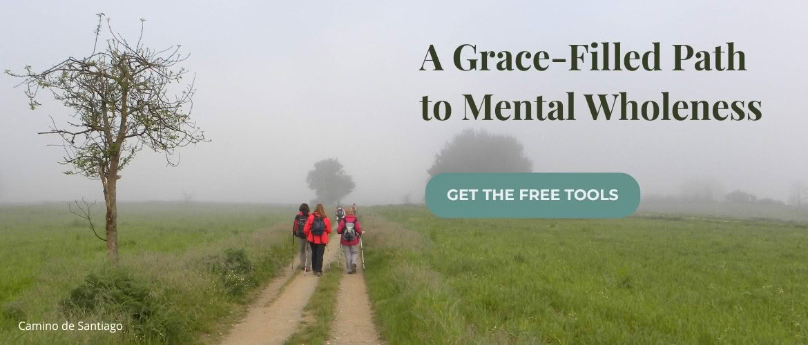 Three hikers with backpacks walking a foggy grassy path on the Camino de Santiago, next to the heading "A Grace-Filled Path to Mental Wholeness" and a "Get the Free Tools" button