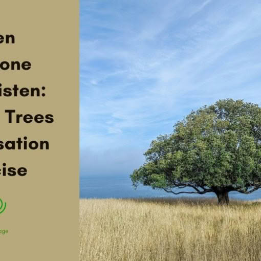 "Title graphic for 'When Someone Won't Listen: The Two Trees Conversation Exercise' by Turning The Page, featuring a large solitary oak tree in a golden grass field beside the ocean."