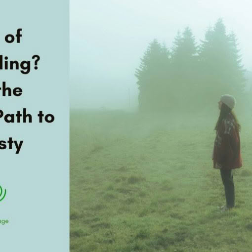 Woman standing alone in a misty foggy field looking toward pine trees, symbolizing quiet self-reflection on the path to honesty and authenticity