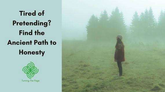 Woman standing alone in a misty foggy field looking toward pine trees, symbolizing quiet self-reflection on the path to honesty and authenticity