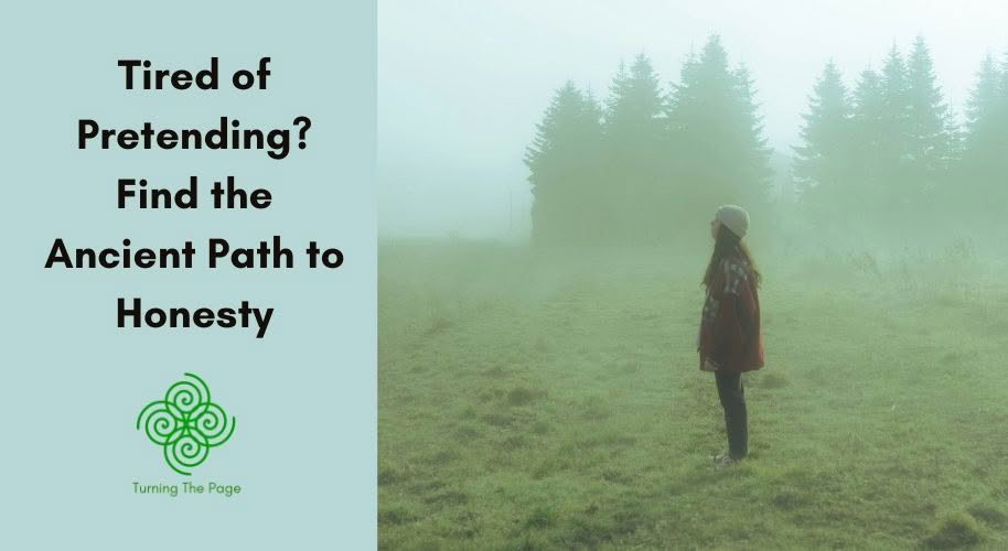 Woman standing alone in a misty foggy field looking toward pine trees, symbolizing quiet self-reflection on the path to honesty and authenticity