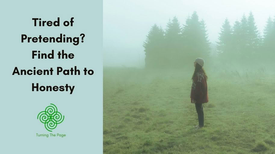 Woman standing alone in a misty foggy field looking toward pine trees, symbolizing quiet self-reflection on the path to honesty and authenticity