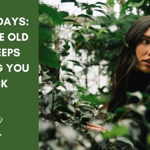 Blog header for "Glory Days: Why the Old Life Keeps Calling You Back" from Turning The Page, showing a dark-haired woman in a black jacket glancing over her shoulder among leafy green plants.