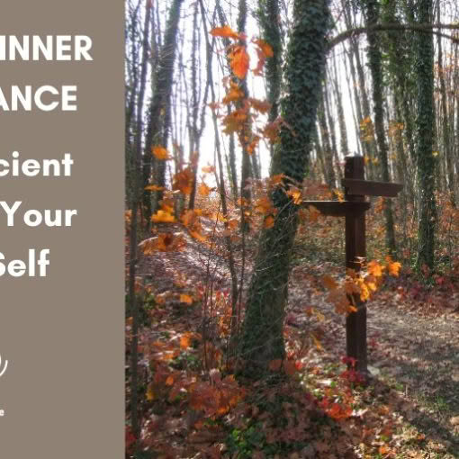 Facing Inner Resistance: The Ancient Path to Your True Self — text graphic beside a forest trail with a wooden signpost, autumn leaves, and the Turning The Page logo