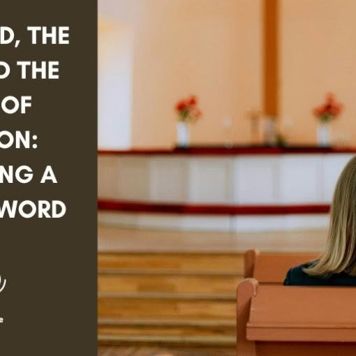 Woman sitting alone in a church pew facing the altar, with title text 'The Good, the Bad, and the Ugly of Religion: Debulking a Loaded Word' on a dark olive background, Turning The Page logo below