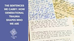 Blog cover graphic titled 'The Sentences We Carry: How Generational Trauma Shapes Who We Are' by Turning The Page, with a background of handwritten cursive letters.