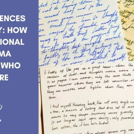 Blog cover graphic titled 'The Sentences We Carry: How Generational Trauma Shapes Who We Are' by Turning The Page, with a background of handwritten cursive letters.