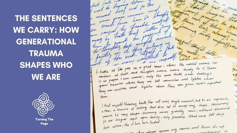 Blog cover graphic titled 'The Sentences We Carry: How Generational Trauma Shapes Who We Are' by Turning The Page, with a background of handwritten cursive letters.