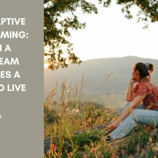Woman with a ponytail sits on a log on a grassy hillside at sunset, chin resting on her hand as she gazes toward distant hills. Beside her, text reads “Maladaptive Daydreaming: When a Daydream Becomes a Place to Live” with the Turning The Page logo.