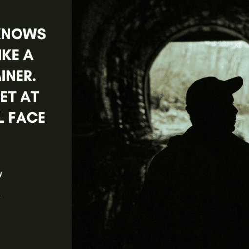 Silhouette of a man in a cap standing in a dark tunnel, facing a bright opening, beside the text “No one knows coal like a coal miner. Being met at the coal face” and the Turning The Page logo.